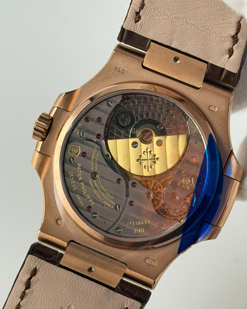 Patek Philippe Nautilus Rose Gold Brown Dial Diamond Baguette Bezel On Brown Leather Strap