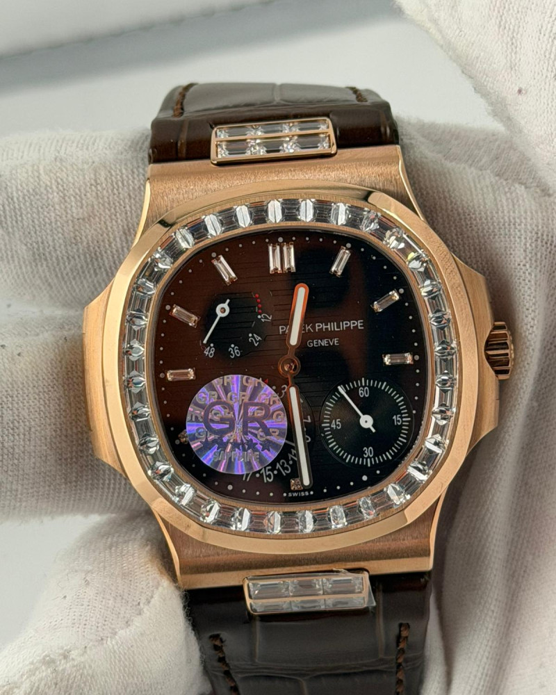 Patek Philippe Nautilus Rose Gold Brown Dial Diamond Baguette Bezel On Brown Leather Strap