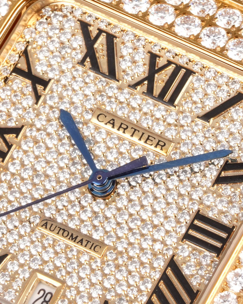 Cartier Santos De Cartier Full Diamond Iced Out Yellow Gold Roman Numeral Dial On Diamond Bracelet