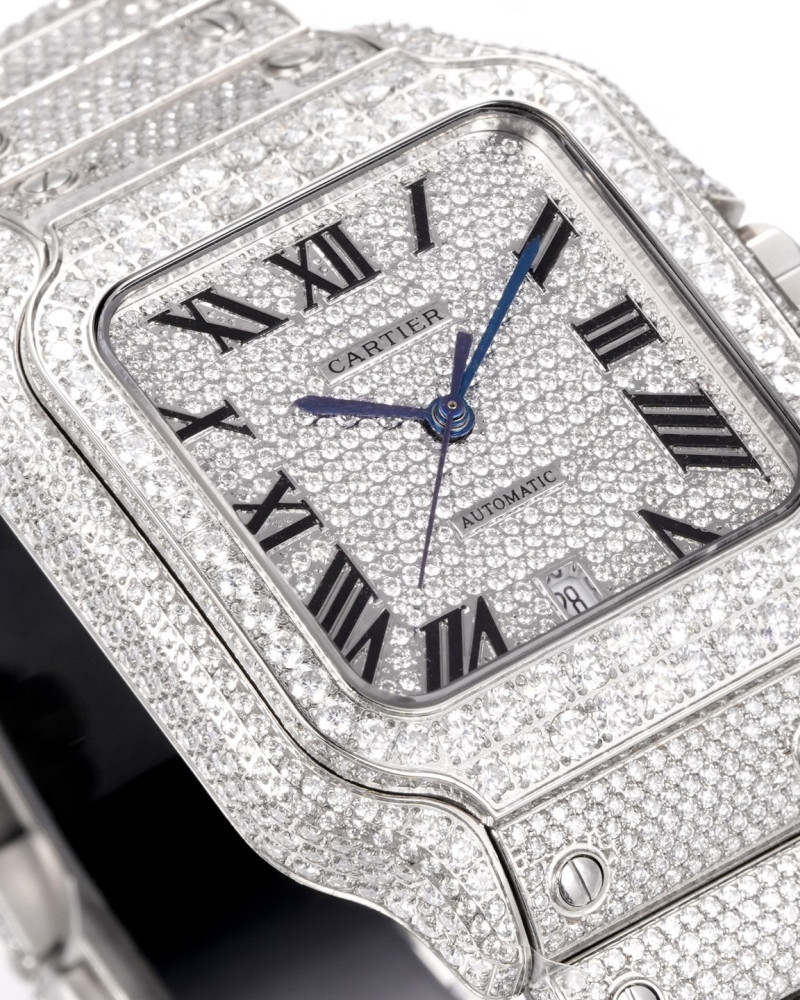 Cartier Santos De Cartier Full Diamond Iced Out White Gold Roman Numeral Dial On Diamond Bracelet