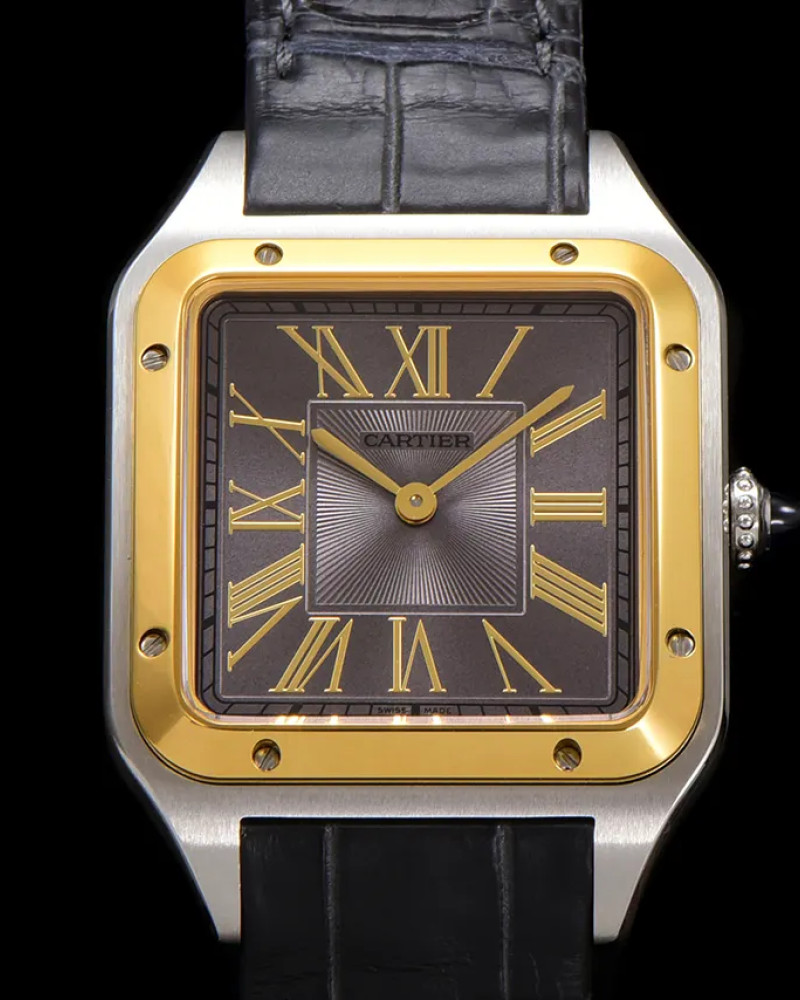 Cartier Santos-Dumont Large Two-Tone Steel and Yellow Gold Grey Dial On Leather Strap