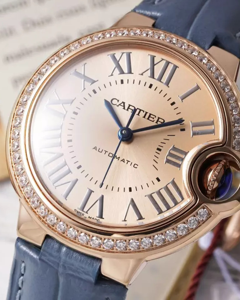 Cartier Ballon Bleu De Cartier Rose Gold Diamond Bezel Champagne Dial On Leather Strap