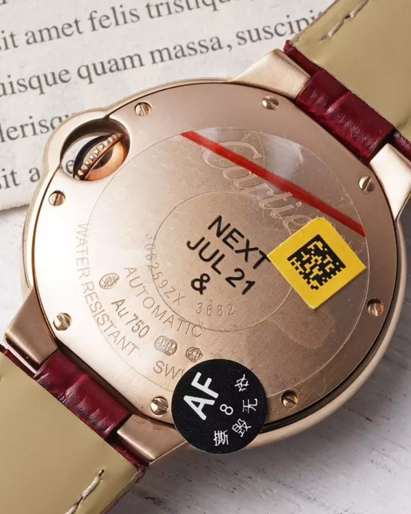 Cartier Ballon Bleu De Cartier Rose Gold Diamond Bezel White Dial On Burgundy Leather Strap