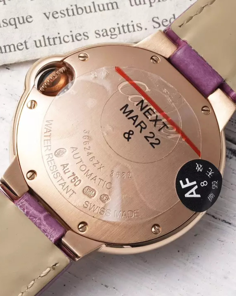 Cartier Ballon Bleu De Cartier Rose Gold Diamond Bezel White Dial On Purple Leather Strap