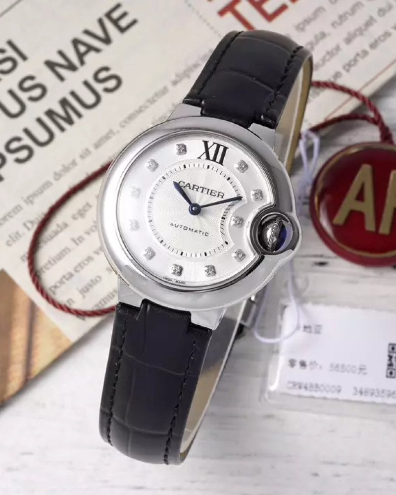 Cartier Ballon Bleu De Cartier Steel Diamond Dial On Black Leather Strap