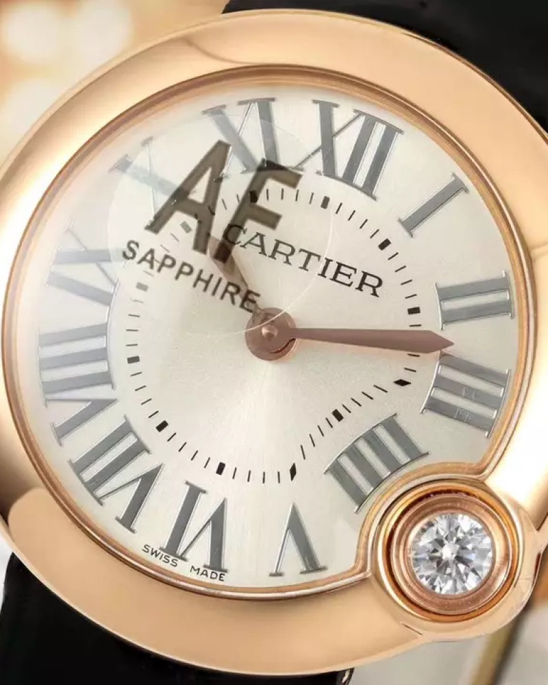 Cartier Ballon Blanc De Cartier Rose Gold White Dial On Black Leather Strap