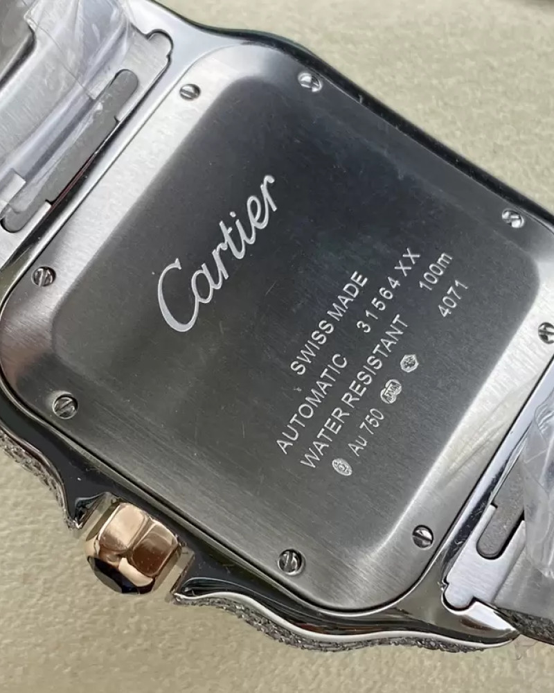 Cartier Santos De Cartier Full Diamond Iced Out Two-Tone Blue Dial On Diamond Bracelet