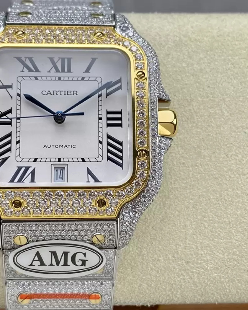 Cartier Santos De Cartier Full Diamond Iced Out Two-Tone White Dial On Diamond Bracelet