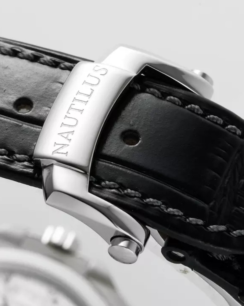 Patek Philippe Nautilus Moonphase Steel Baguette Diamond Bezel Black Dial On Leather Strap