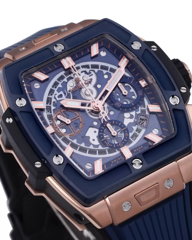 Hublot Spirit of Big Bang Skeleton Blue Dial Rose Gold Ceramic Bezel On Rubber Strap