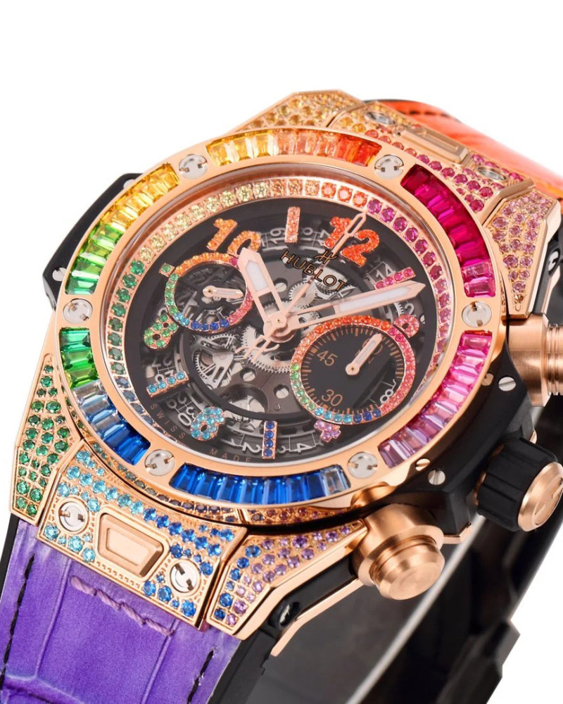 Hublot Big Bang Unico Rainbow Skeleton Dial Rose Gold On Multicolor Leather Strap