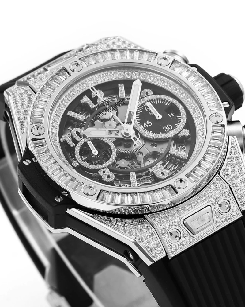 Hublot Big Bang Unico Full Diamond Iced Out Skeleton Dial On Rubber Strap