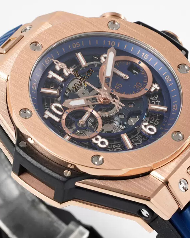 Hublot Big Bang Unico Skeleton Blue Dial Rose Gold On Rubber Strap