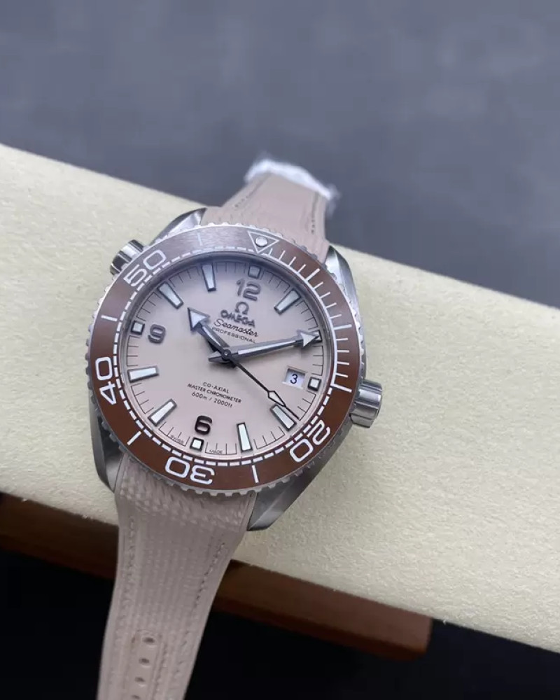 Omega Seamaster Planet Ocean 600M Sandstone Dial Steel Brown Ceramic Bezel On Rubber Strap