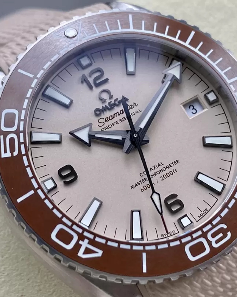 Omega Seamaster Planet Ocean 600M Sandstone Dial Steel Brown Ceramic Bezel On Rubber Strap