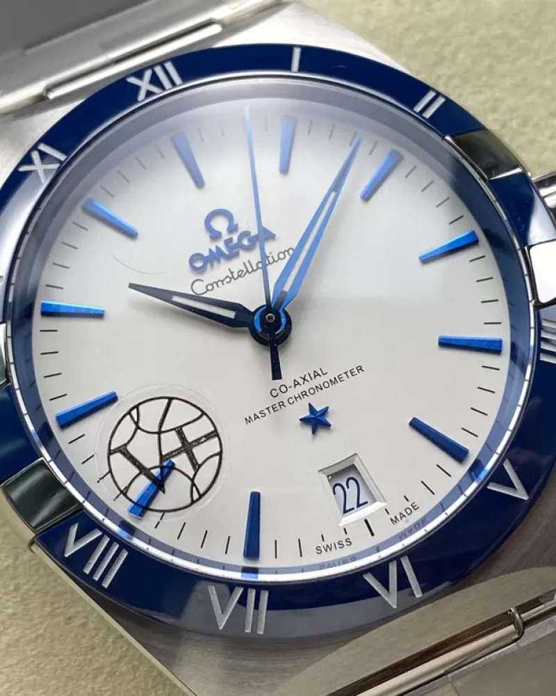 Omega Constellation Co-Axial Master Chronometer Steel White Dial Blue Ceramic Bezel On Steel Bracelet