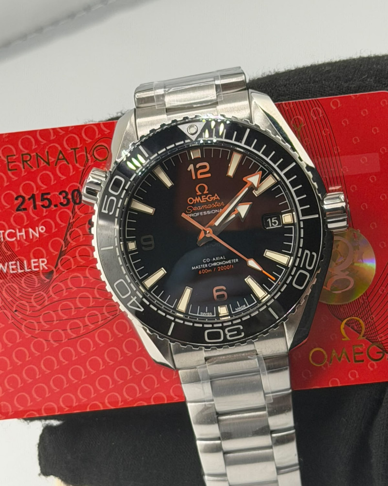 Omega Seamaster Planet Ocean 600M Black Dial Orange Accents Steel Bezel On Steel Bracelet
