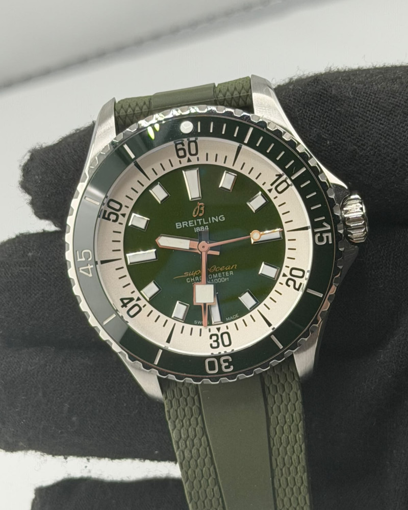 Breitling Superocean Green Dial Steel Green Bezel On Green Rubber Strap