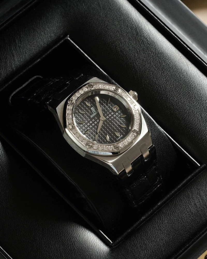 Audemars Piguet Royal Oak Lady Black Dial Diamond Bezel On Black Leather Strap