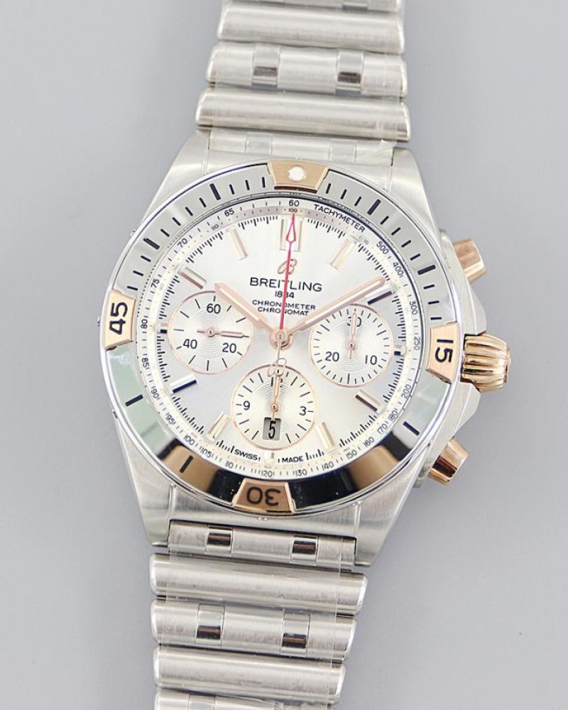 BREITLING Breitling Chronomat B01 42 Silver Dial Two-Tone Rose Gold Bezel On Steel Bracelet