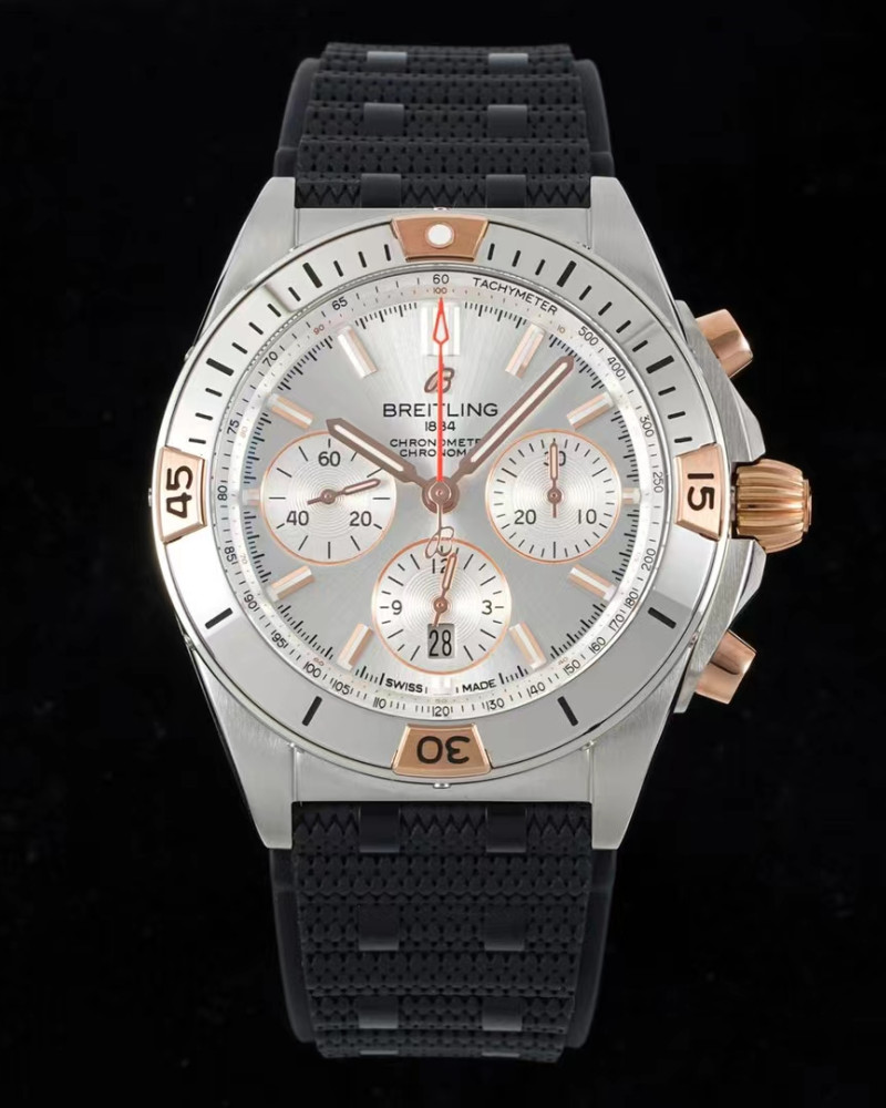 Breitling Chronomat B01 42 Silver Dial Two-Tone Rose Gold Bezel On Black Rubber Strap