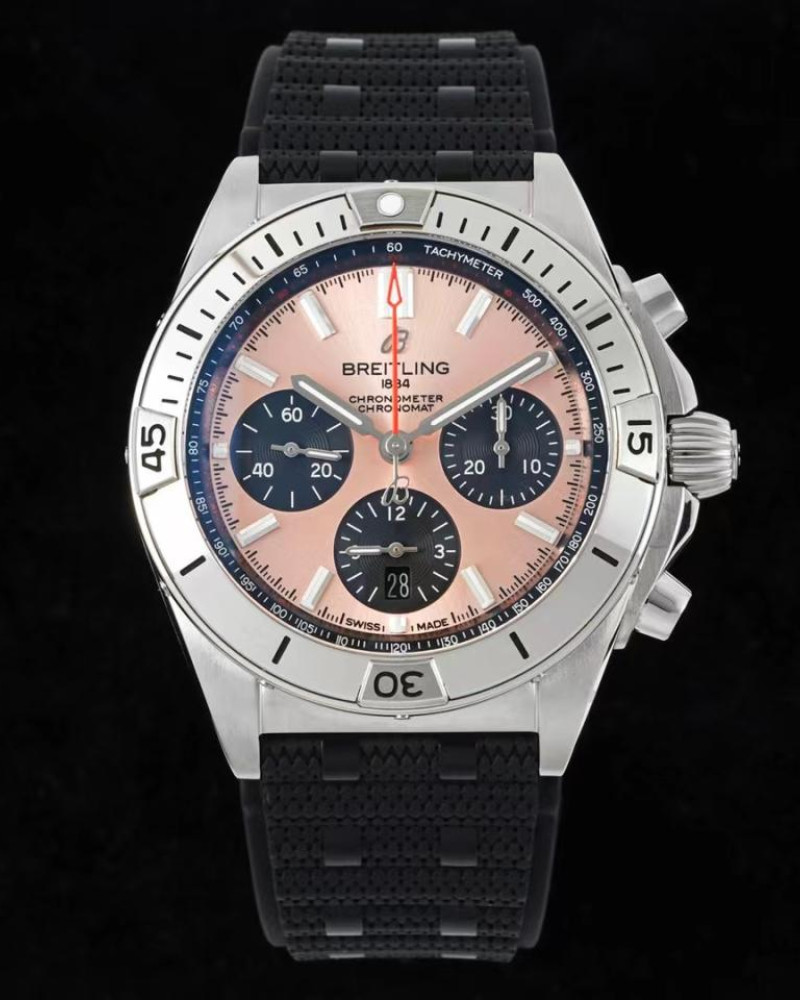 Breitling Chronomat B01 42 Salmon/Pink Dial Steel Bezel On Black Rubber Strap