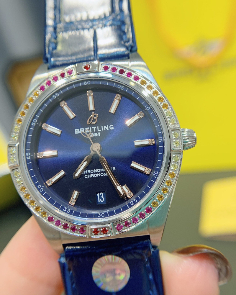 Breitling Chronomat Blue Dial Multi-Color Gem-Set Bezel On Blue Leather Strap