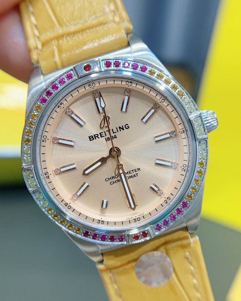 Breitling Chronomat Champagne Dial Multi-Color Gem-Set Bezel On Yellow Leather Strap