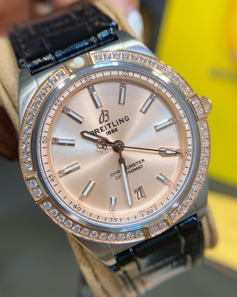 Breitling Chronomat Rose Gold Dial Diamond Bezel On Black Leather Strap