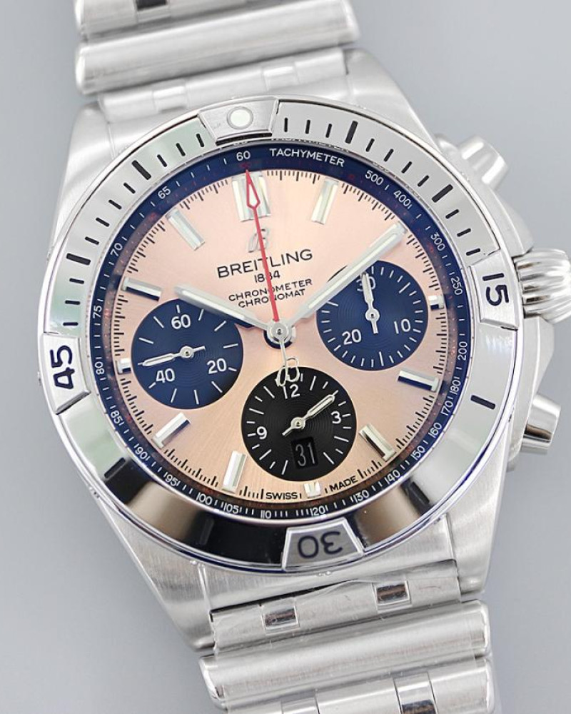 Breitling Chronomat B01 42 Salmon/Pink Dial Steel Bezel On Steel Bracelet