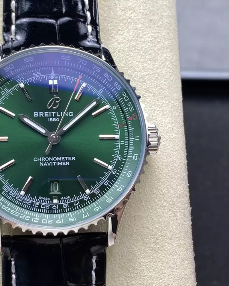 Breitling Navitimer Green Dial Steel Bezel On Black Leather Strap