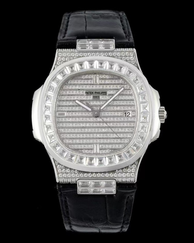 Patek Philippe Nautilus Full Diamond-Paved Dial Baguette Diamond Bezel On Black Leather Strap