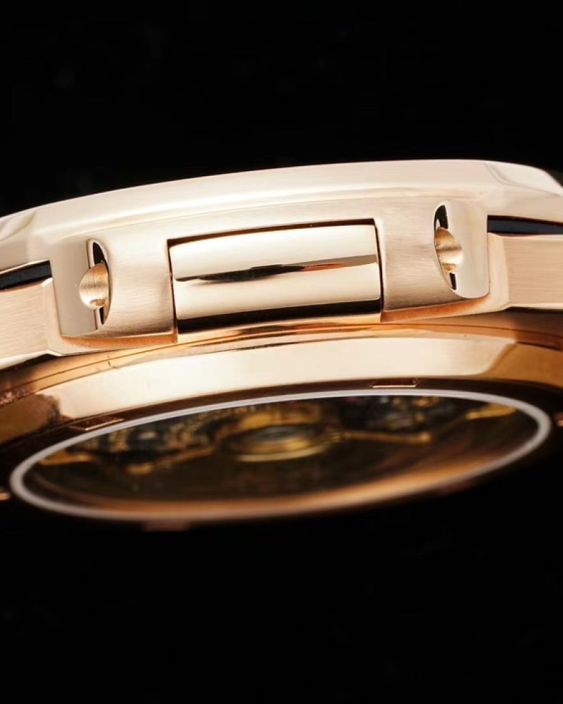 Patek Philippe Nautilus Full Diamond-Paved Dial Baguette Diamond Bezel Rose Gold On Black Leather Strap